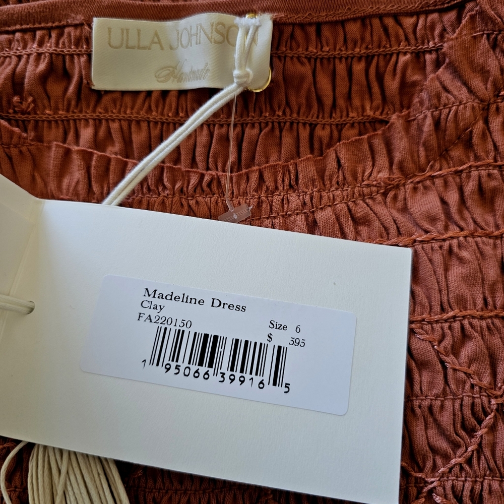 ULLA JOHNSON Madeline smocked cotton-jersey and cotton-poplin midi Dress Size 6 - Picture 8 of 8